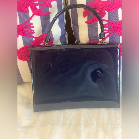 Vintage 1950s Crown Lewis Navy Patent Leather Bag with Gold Detail - Picture 5 of 12